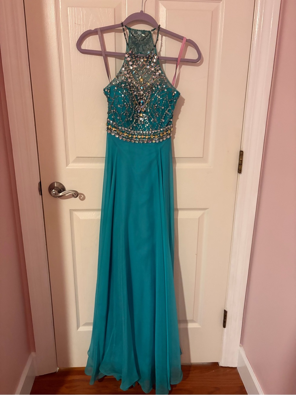 Sherri Hill Teal Embellished Halter Prom Dress